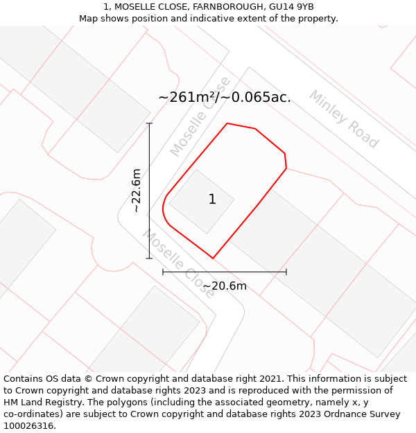 1, MOSELLE CLOSE, FARNBOROUGH, GU14 9YB: Plot and title map