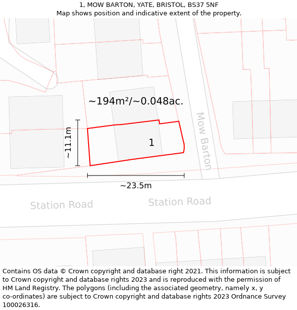 1, MOW BARTON, YATE, BRISTOL, BS37 5NF: Plot and title map