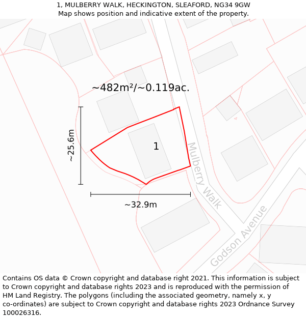1, MULBERRY WALK, HECKINGTON, SLEAFORD, NG34 9GW: Plot and title map