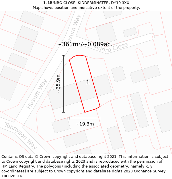 1, MUNRO CLOSE, KIDDERMINSTER, DY10 3XX: Plot and title map