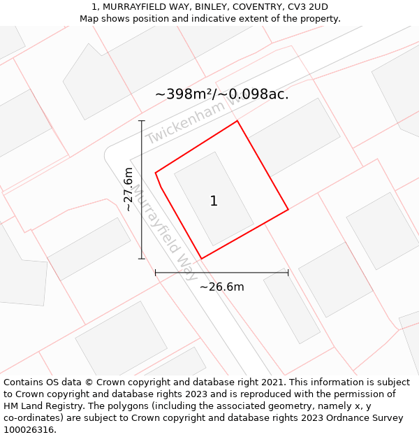 1, MURRAYFIELD WAY, BINLEY, COVENTRY, CV3 2UD: Plot and title map