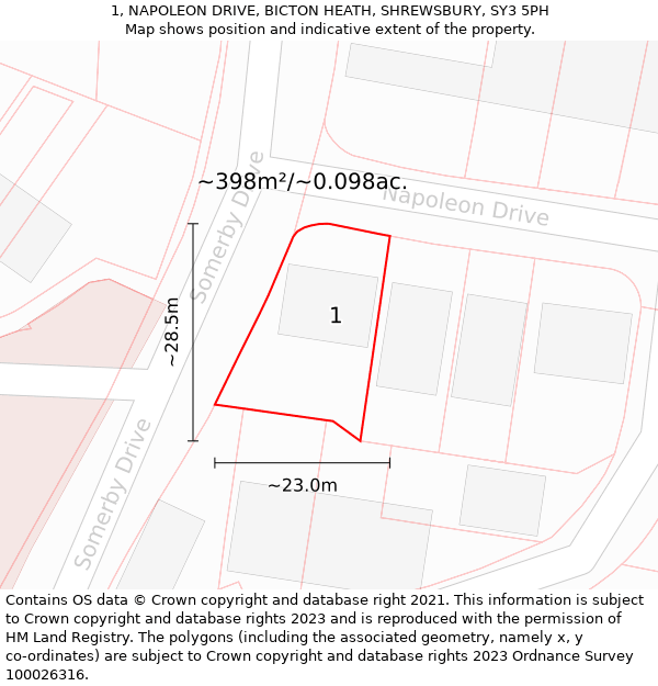 1, NAPOLEON DRIVE, BICTON HEATH, SHREWSBURY, SY3 5PH: Plot and title map