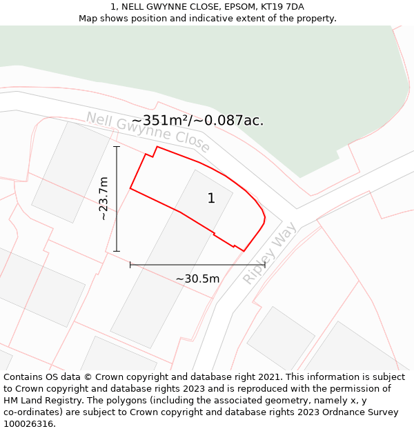 1, NELL GWYNNE CLOSE, EPSOM, KT19 7DA: Plot and title map