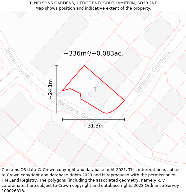 1, NELSONS GARDENS, HEDGE END, SOUTHAMPTON, SO30 2NE: Plot and title map