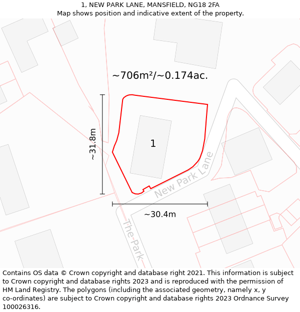 1, NEW PARK LANE, MANSFIELD, NG18 2FA: Plot and title map