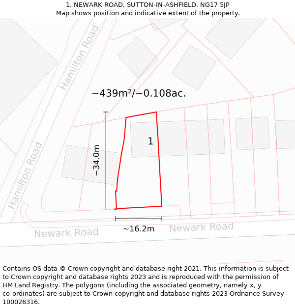 1, NEWARK ROAD, SUTTON-IN-ASHFIELD, NG17 5JP: Plot and title map