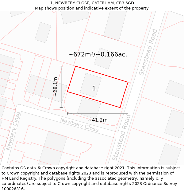 1, NEWBERY CLOSE, CATERHAM, CR3 6GD: Plot and title map