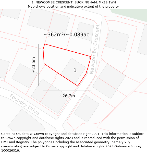 1, NEWCOMBE CRESCENT, BUCKINGHAM, MK18 1WH: Plot and title map