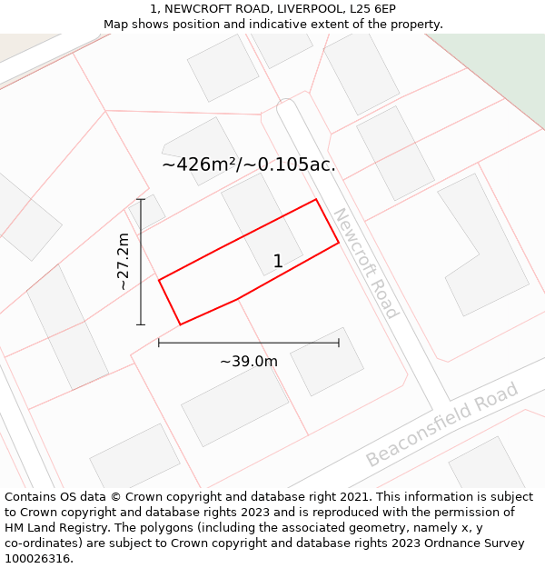1, NEWCROFT ROAD, LIVERPOOL, L25 6EP: Plot and title map