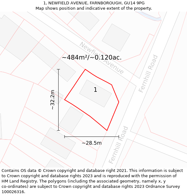 1, NEWFIELD AVENUE, FARNBOROUGH, GU14 9PG: Plot and title map