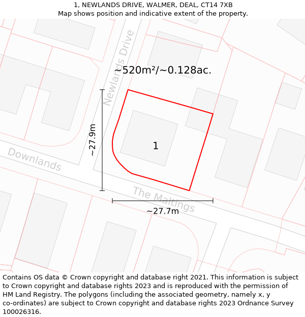 1, NEWLANDS DRIVE, WALMER, DEAL, CT14 7XB: Plot and title map