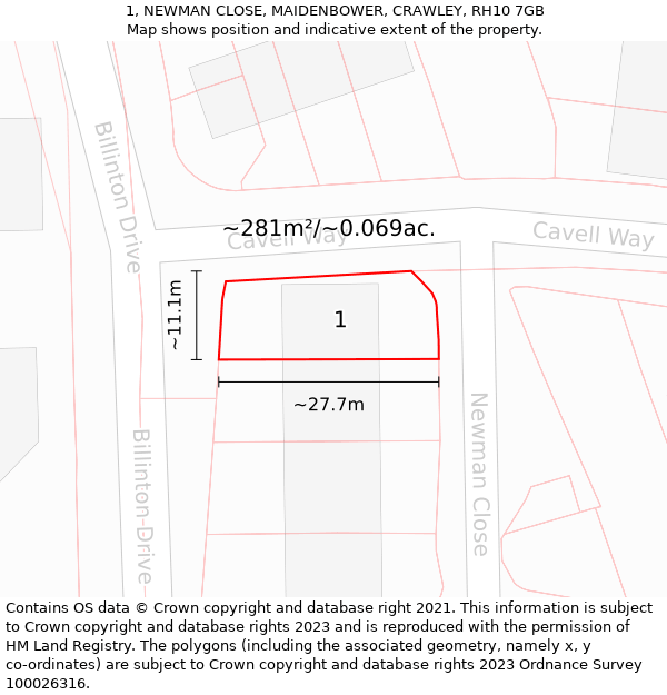 1, NEWMAN CLOSE, MAIDENBOWER, CRAWLEY, RH10 7GB: Plot and title map