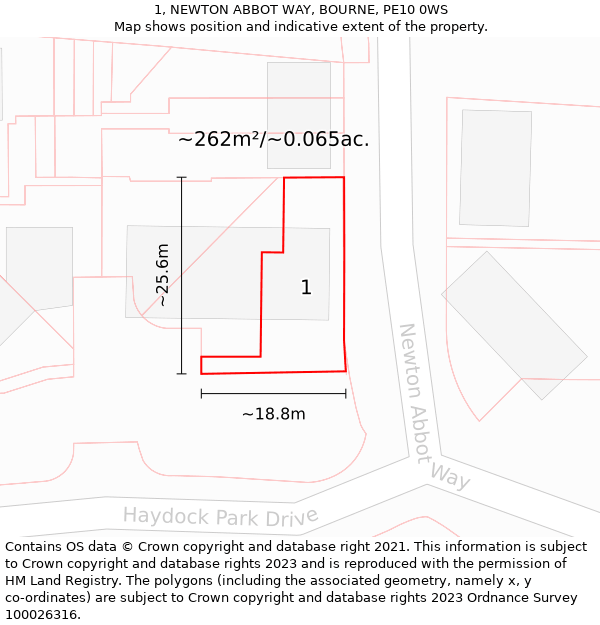 1, NEWTON ABBOT WAY, BOURNE, PE10 0WS: Plot and title map