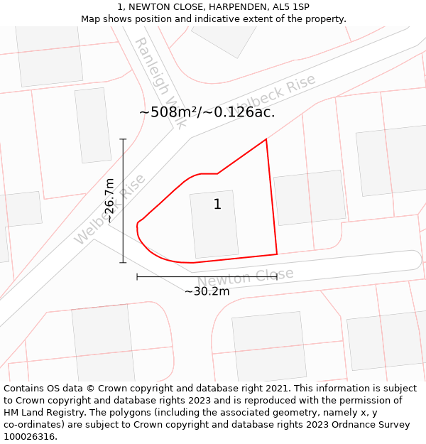 1, NEWTON CLOSE, HARPENDEN, AL5 1SP: Plot and title map