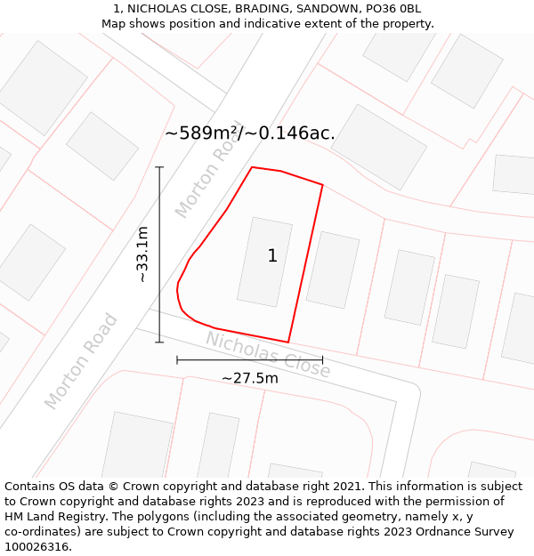 1, NICHOLAS CLOSE, BRADING, SANDOWN, PO36 0BL: Plot and title map