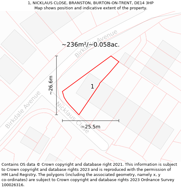 1, NICKLAUS CLOSE, BRANSTON, BURTON-ON-TRENT, DE14 3HP: Plot and title map