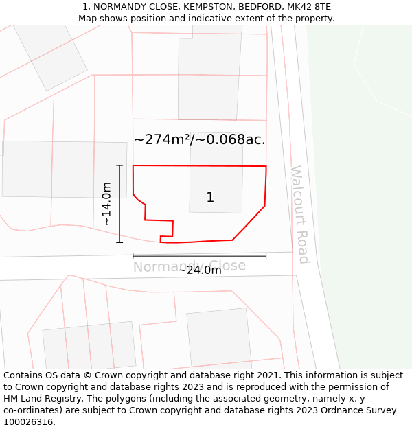 1, NORMANDY CLOSE, KEMPSTON, BEDFORD, MK42 8TE: Plot and title map