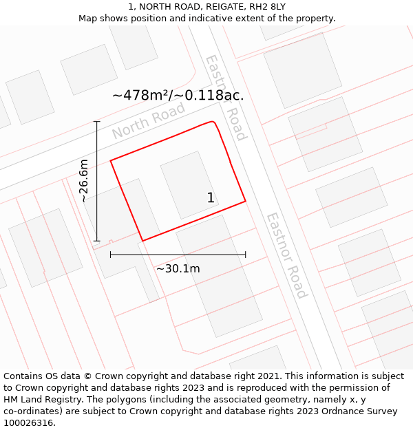 1, NORTH ROAD, REIGATE, RH2 8LY: Plot and title map