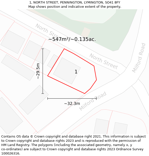 1, NORTH STREET, PENNINGTON, LYMINGTON, SO41 8FY: Plot and title map