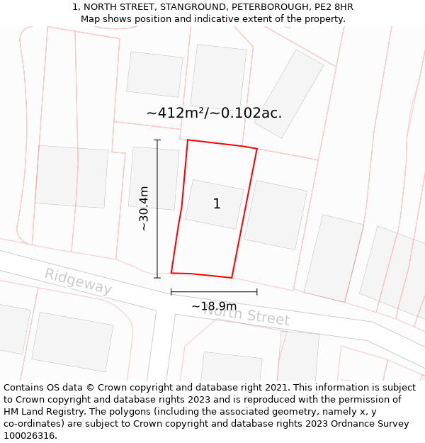 1, NORTH STREET, STANGROUND, PETERBOROUGH, PE2 8HR: Plot and title map