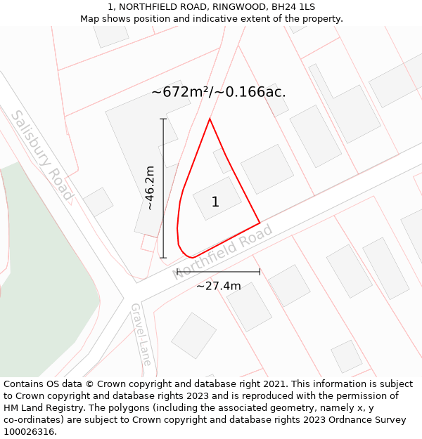 1, NORTHFIELD ROAD, RINGWOOD, BH24 1LS: Plot and title map