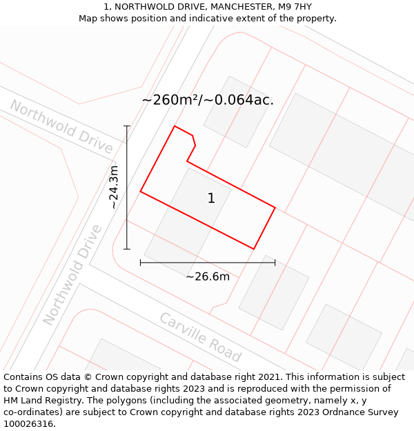 1, NORTHWOLD DRIVE, MANCHESTER, M9 7HY: Plot and title map