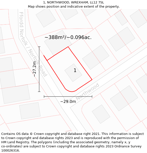 1, NORTHWOOD, WREXHAM, LL12 7SL: Plot and title map