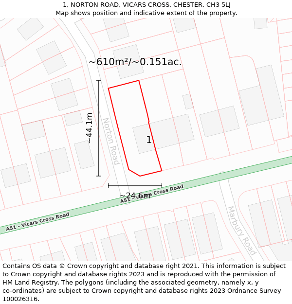 1, NORTON ROAD, VICARS CROSS, CHESTER, CH3 5LJ: Plot and title map