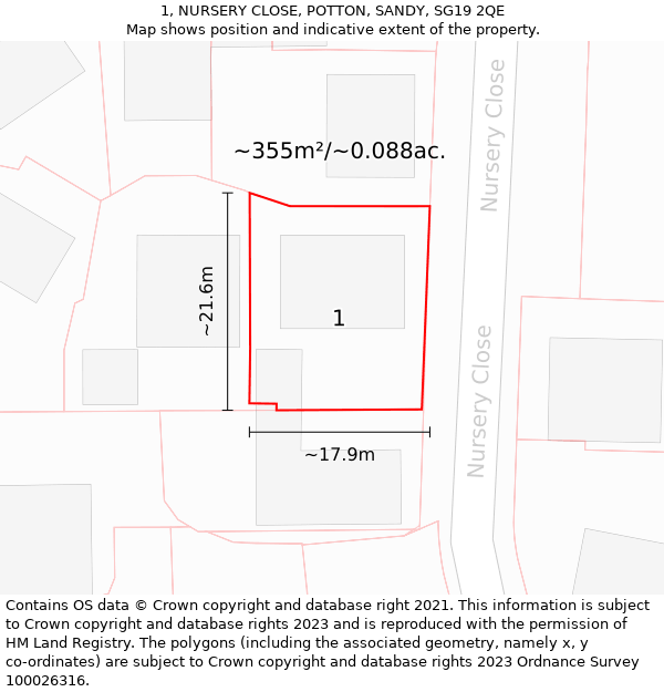 1, NURSERY CLOSE, POTTON, SANDY, SG19 2QE: Plot and title map