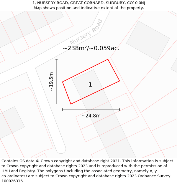 1, NURSERY ROAD, GREAT CORNARD, SUDBURY, CO10 0NJ: Plot and title map