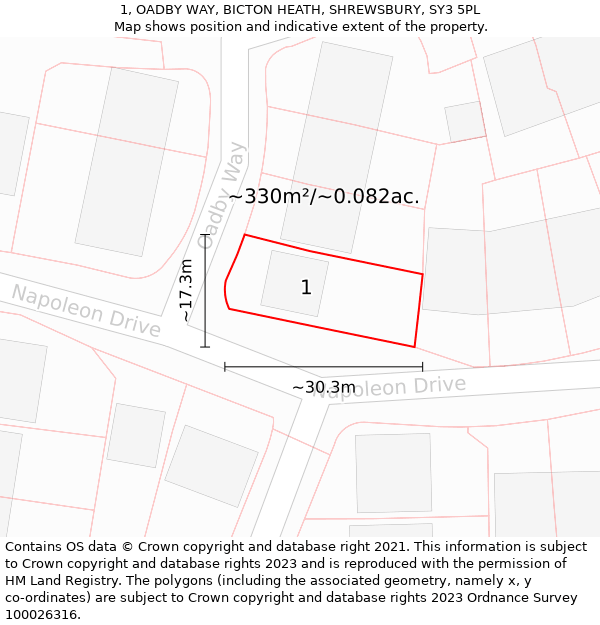 1, OADBY WAY, BICTON HEATH, SHREWSBURY, SY3 5PL: Plot and title map