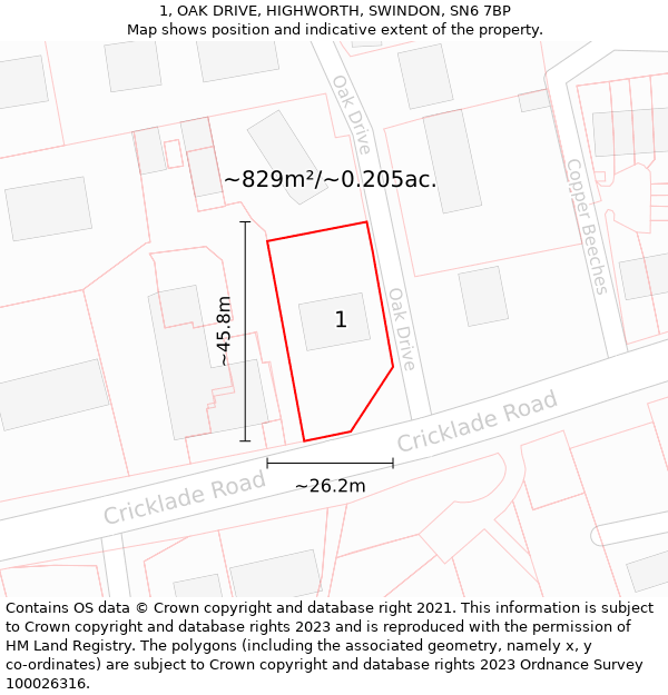 1, OAK DRIVE, HIGHWORTH, SWINDON, SN6 7BP: Plot and title map