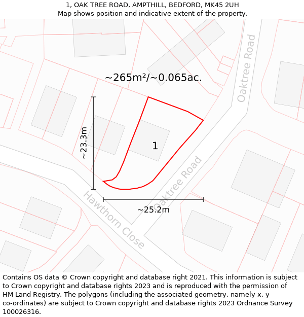 1, OAK TREE ROAD, AMPTHILL, BEDFORD, MK45 2UH: Plot and title map