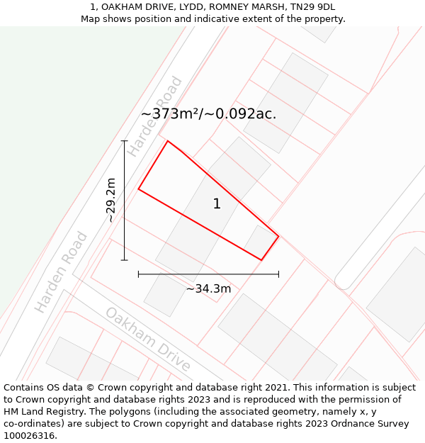 1, OAKHAM DRIVE, LYDD, ROMNEY MARSH, TN29 9DL: Plot and title map