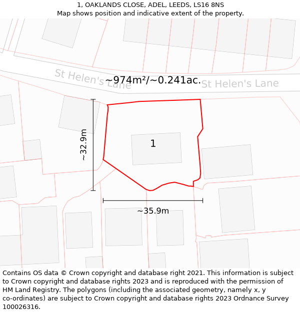 1, OAKLANDS CLOSE, ADEL, LEEDS, LS16 8NS: Plot and title map