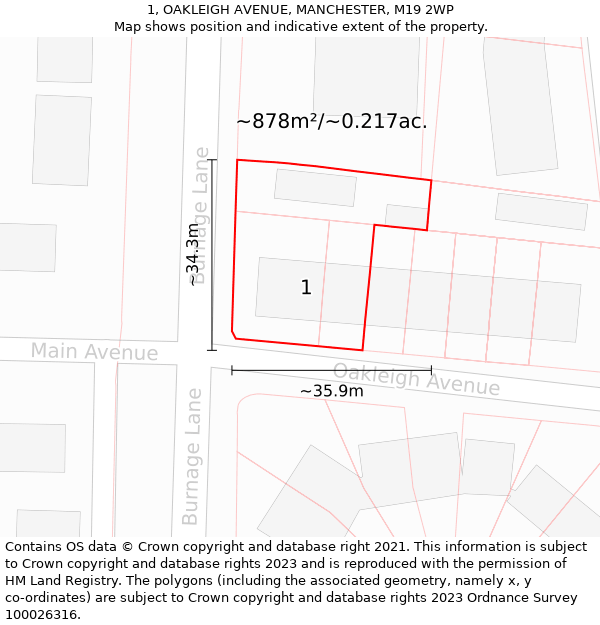 1, OAKLEIGH AVENUE, MANCHESTER, M19 2WP: Plot and title map