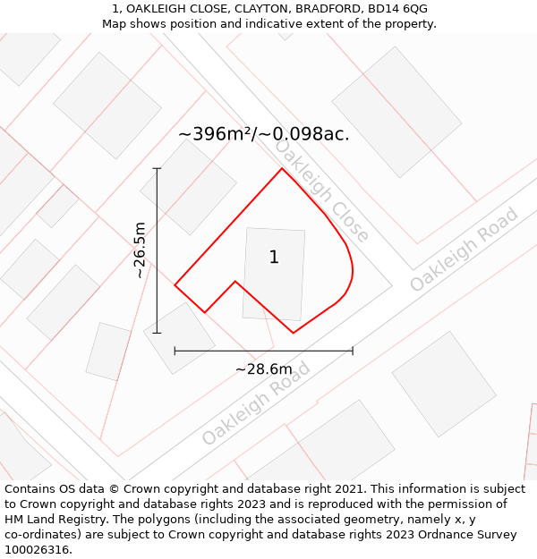 1, OAKLEIGH CLOSE, CLAYTON, BRADFORD, BD14 6QG: Plot and title map