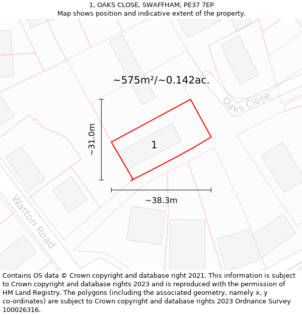 1, OAKS CLOSE, SWAFFHAM, PE37 7EP: Plot and title map