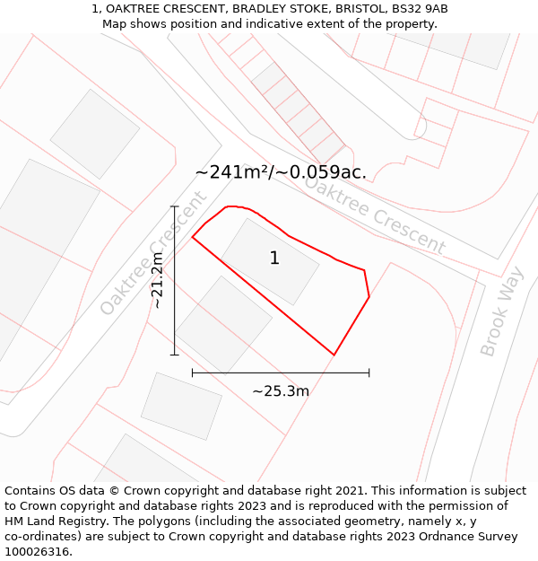 1, OAKTREE CRESCENT, BRADLEY STOKE, BRISTOL, BS32 9AB: Plot and title map