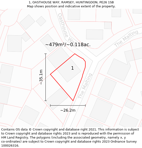 1, OASTHOUSE WAY, RAMSEY, HUNTINGDON, PE26 1SB: Plot and title map