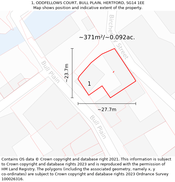 1, ODDFELLOWS COURT, BULL PLAIN, HERTFORD, SG14 1EE: Plot and title map