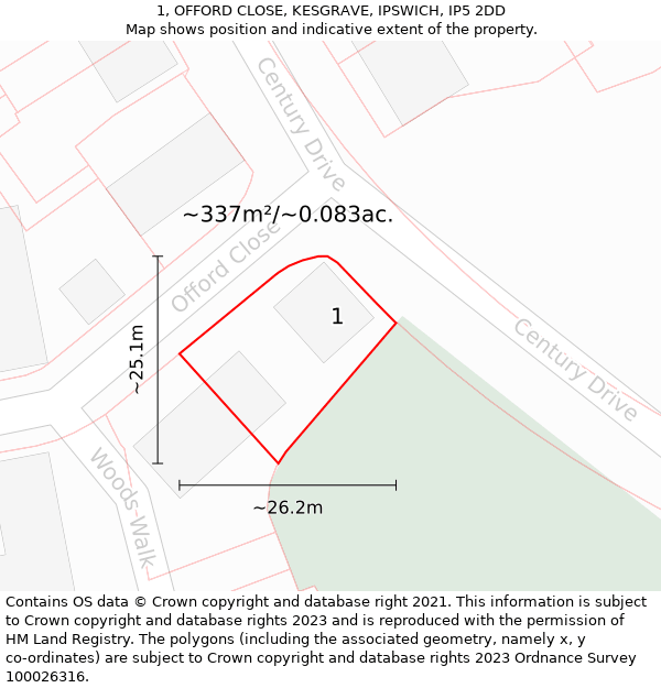1, OFFORD CLOSE, KESGRAVE, IPSWICH, IP5 2DD: Plot and title map