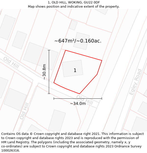 1, OLD HILL, WOKING, GU22 0DF: Plot and title map