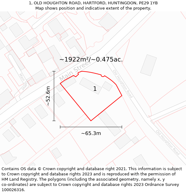 1, OLD HOUGHTON ROAD, HARTFORD, HUNTINGDON, PE29 1YB: Plot and title map