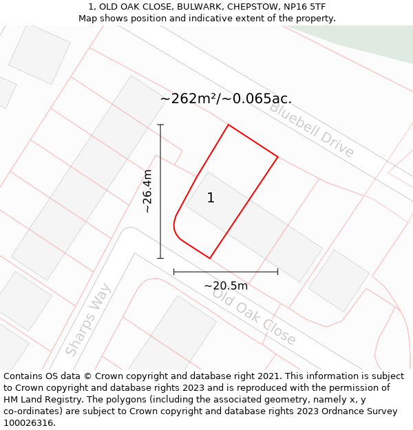 1, OLD OAK CLOSE, BULWARK, CHEPSTOW, NP16 5TF: Plot and title map