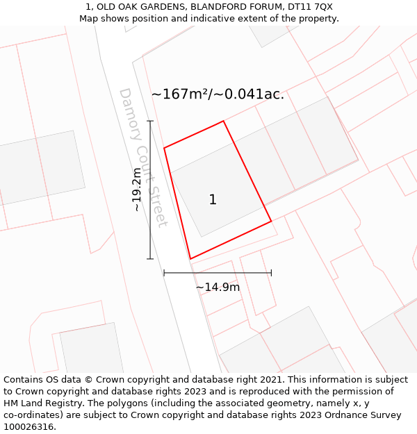 1, OLD OAK GARDENS, BLANDFORD FORUM, DT11 7QX: Plot and title map