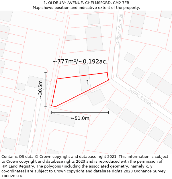 1, OLDBURY AVENUE, CHELMSFORD, CM2 7EB: Plot and title map