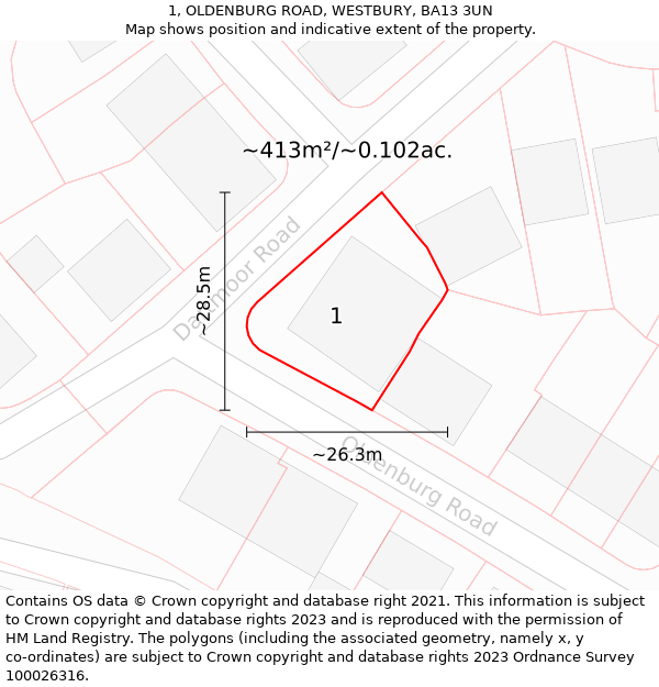 1, OLDENBURG ROAD, WESTBURY, BA13 3UN: Plot and title map