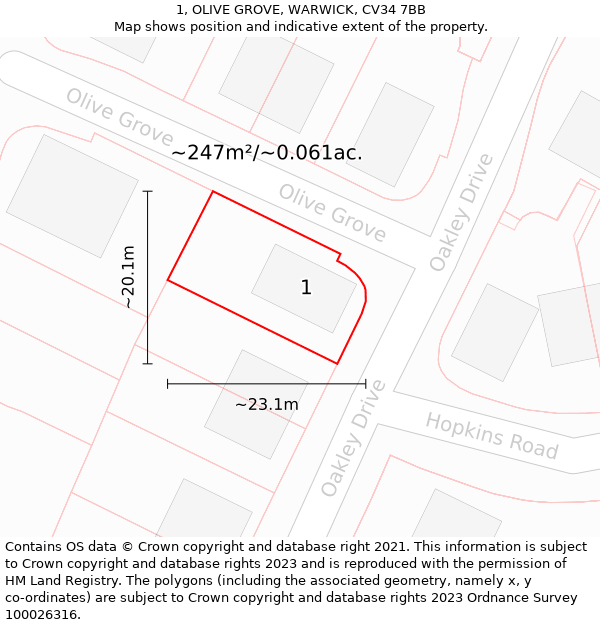 1, OLIVE GROVE, WARWICK, CV34 7BB: Plot and title map