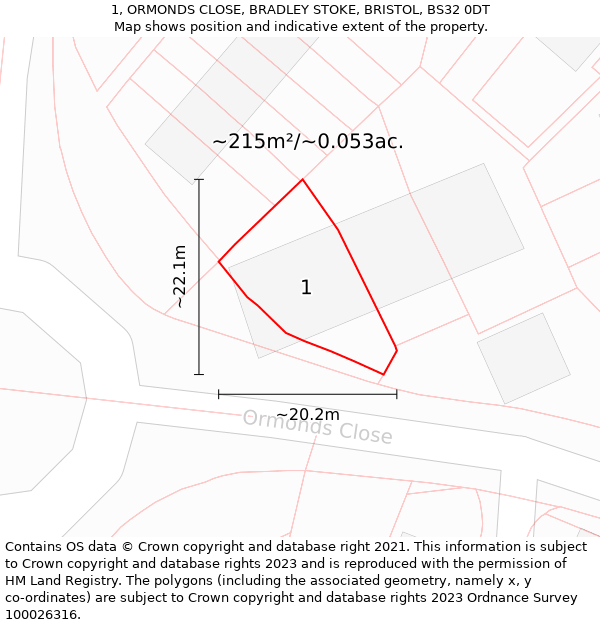 1, ORMONDS CLOSE, BRADLEY STOKE, BRISTOL, BS32 0DT: Plot and title map